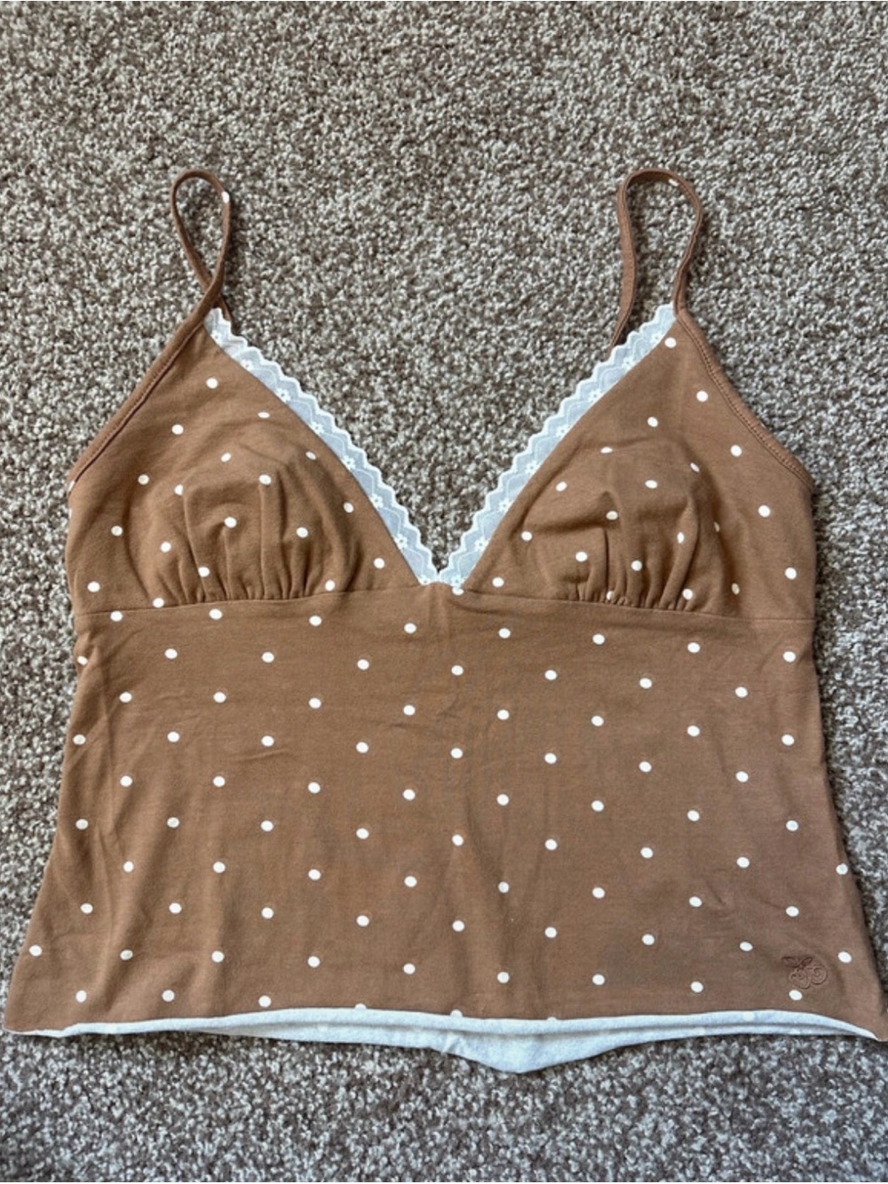brown polka dot out from under triangle lace cami